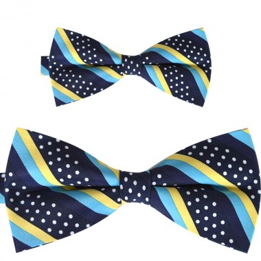 Set papioane tata fiu albastru marin cu dungi galbene si bleu si buline mici albe